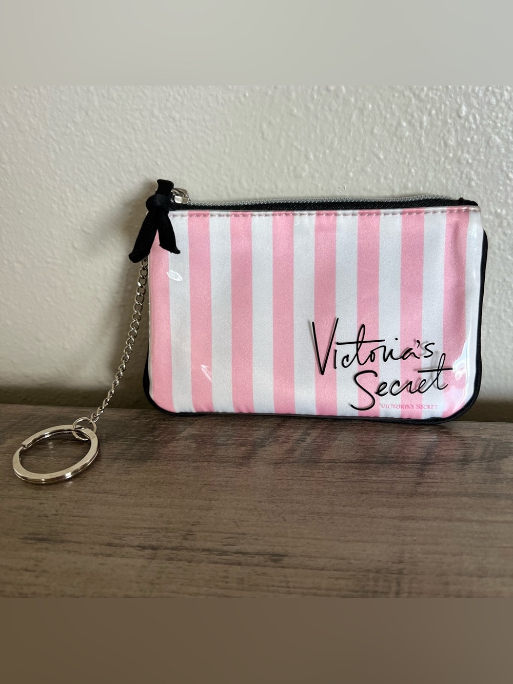 VTG Victoria’s Secret VS Wristlet Keychain Y2K Pink Stripe Zippered Pouch